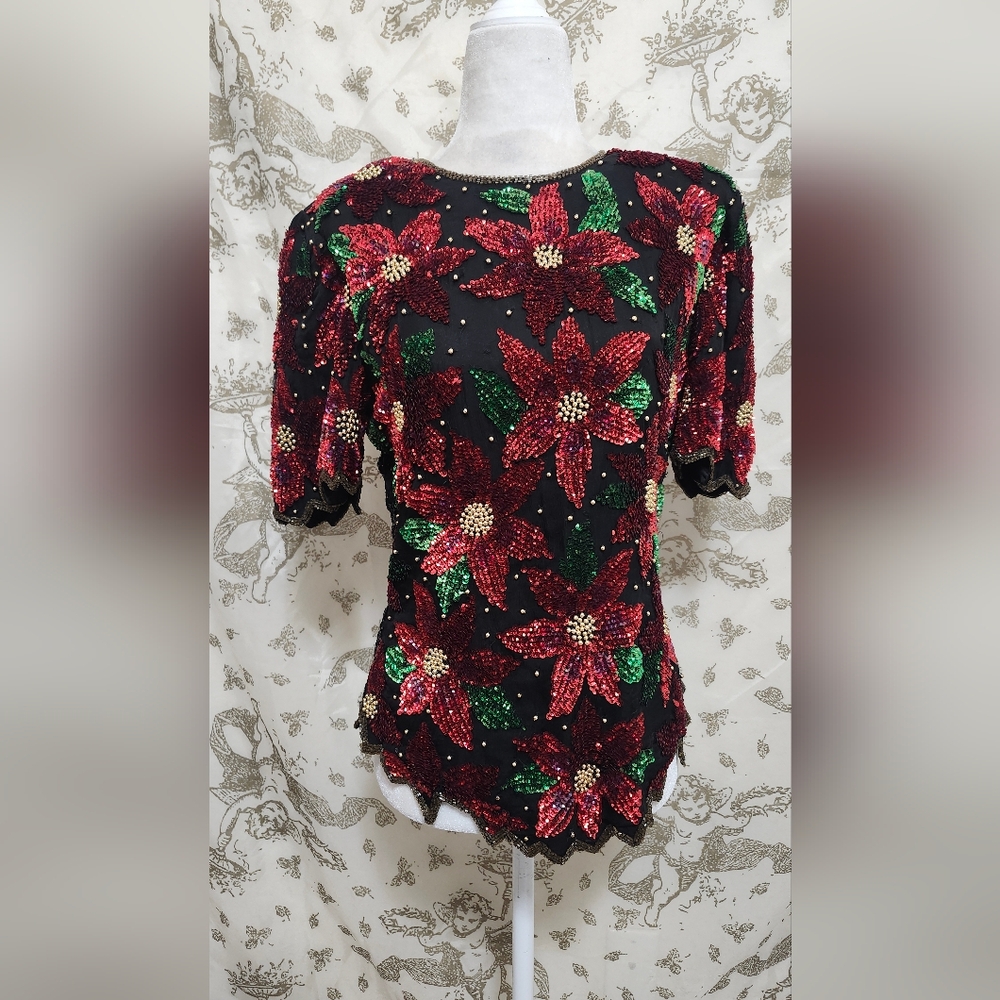 Vintage Scala Holiday Party Sequin Ponsetia Top - Red, Green And Black S